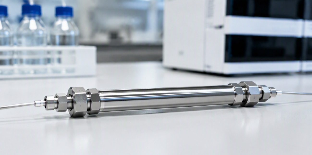 A stainless steel HPLC column with fittings and capillary tubing on a laboratory bench.