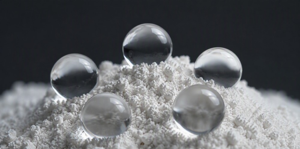 Spherical water droplets beaded on a mound of white hydrophobic powder.