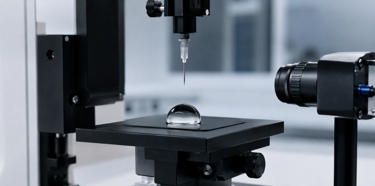 A contact angle goniometer with a water droplet domed on a dark sample stage.