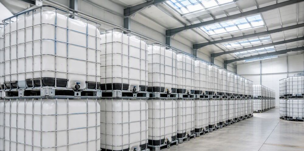 White IBC containers in steel cages stacked inside a bright warehouse.