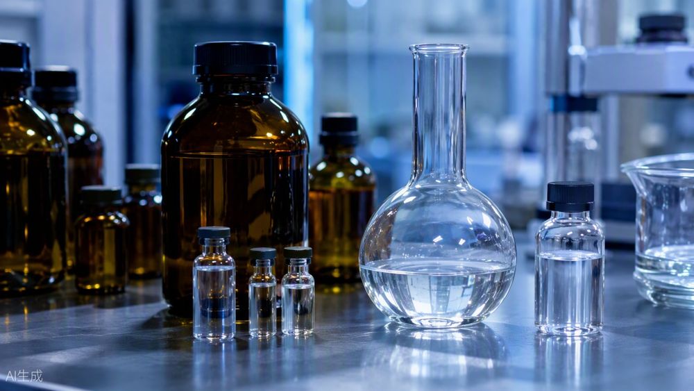 Amber reagent bottles and clear glass vials of arylsilane monomers arranged on a laboratory bench.