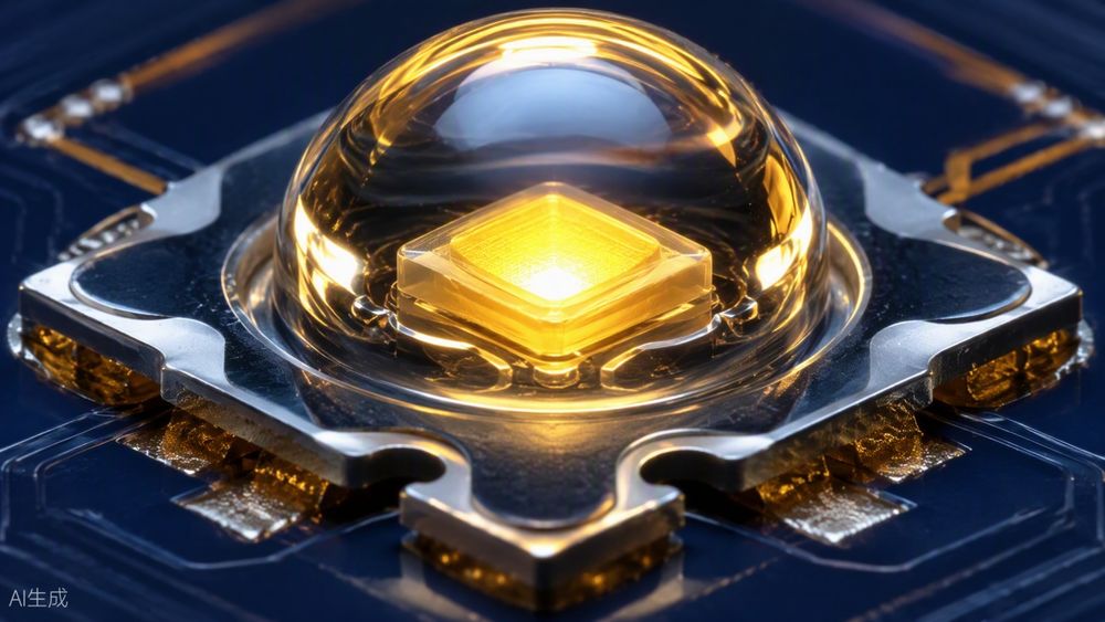 Close-up of an LED chip protected by a transparent dome of phenyl silicone encapsulant.