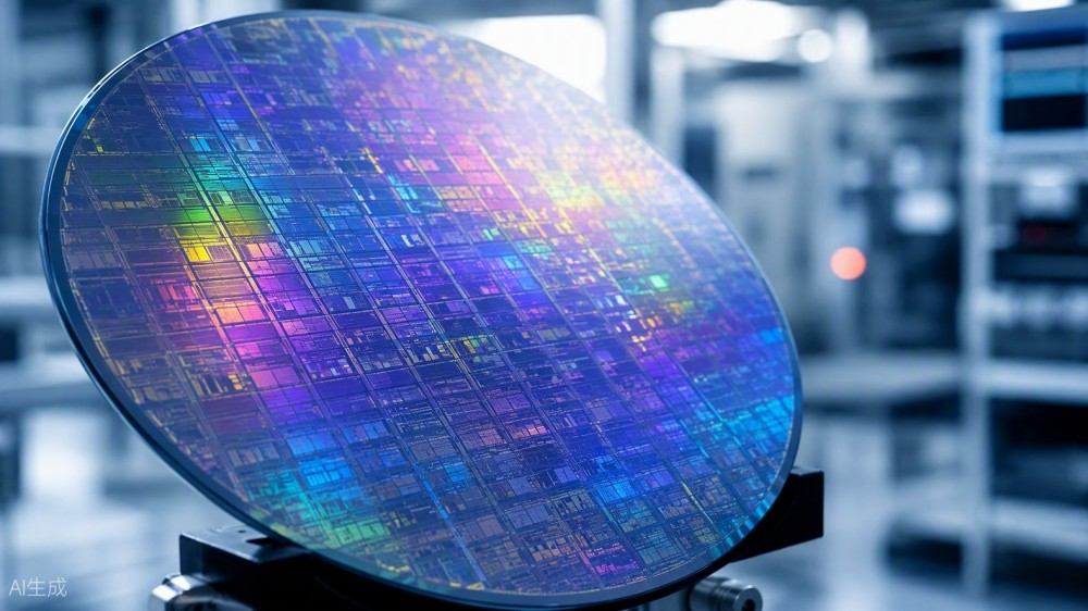 Iridescent silicon wafer with a surface coating reflecting rainbow colors in a cleanroom environment.