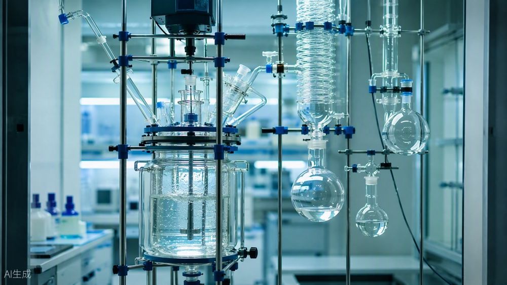Glass reactor and reflux condenser setup used for custom organosilane synthesis in a laboratory.