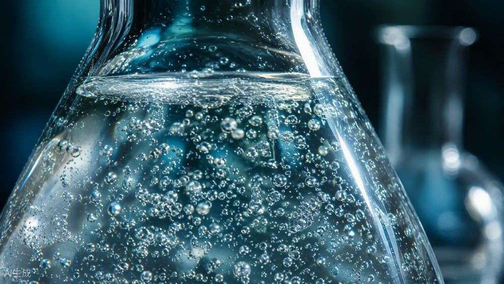 Colorless hydrosilane liquid in a laboratory glass flask with fine gas bubbles rising through it.