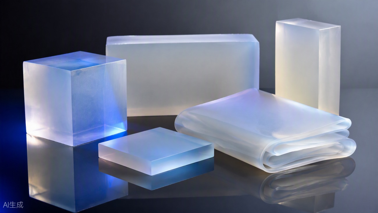 Translucent silicone elastomer blocks and a folded rubber sheet on a reflective studio surface.