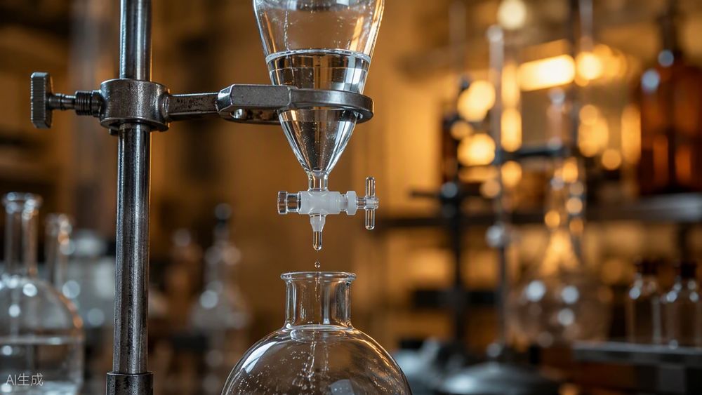 A glass dropping funnel on a clamp stand dispensing clear liquid into a round-bottom flask.