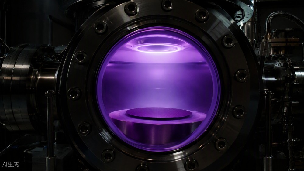 Violet plasma glowing inside a vacuum chamber during plasma-enhanced chemical vapor deposition.
