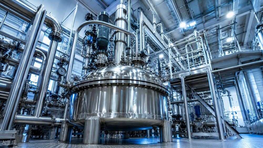 Polished stainless steel reactor vessel and piping network inside a chemical manufacturing plant.