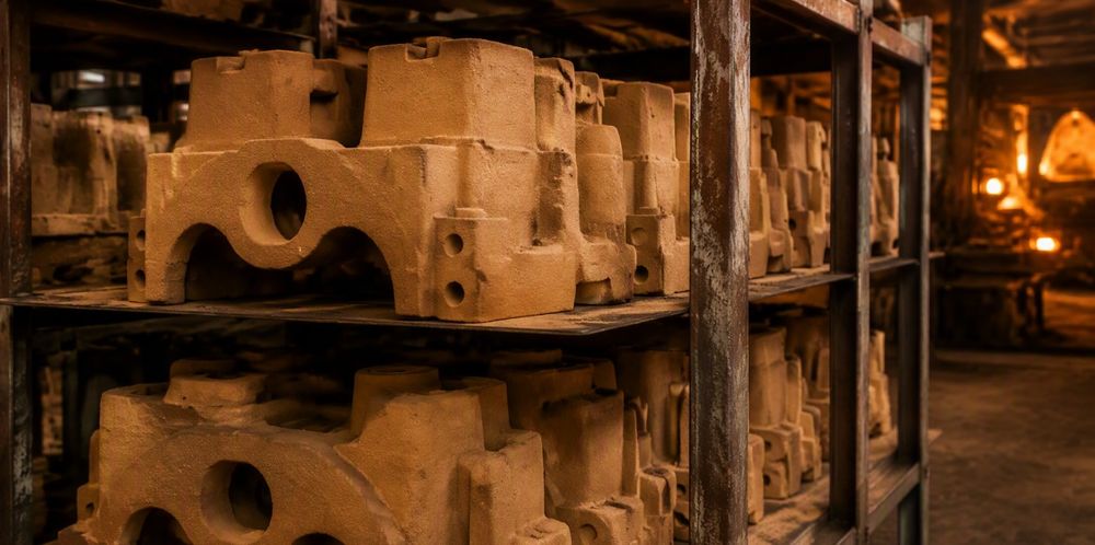 Brown resin-bonded foundry sand cores stacked on a rack in a foundry.