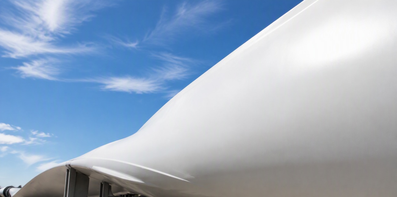 A large white wind turbine blade resting on outdoor storage supports.