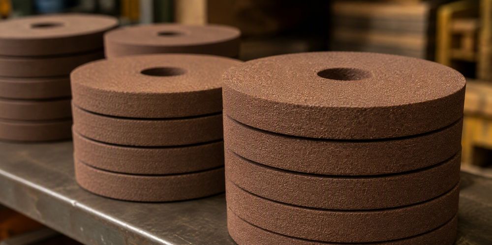 Stacks of brown abrasive grinding wheels on a workshop shelf.