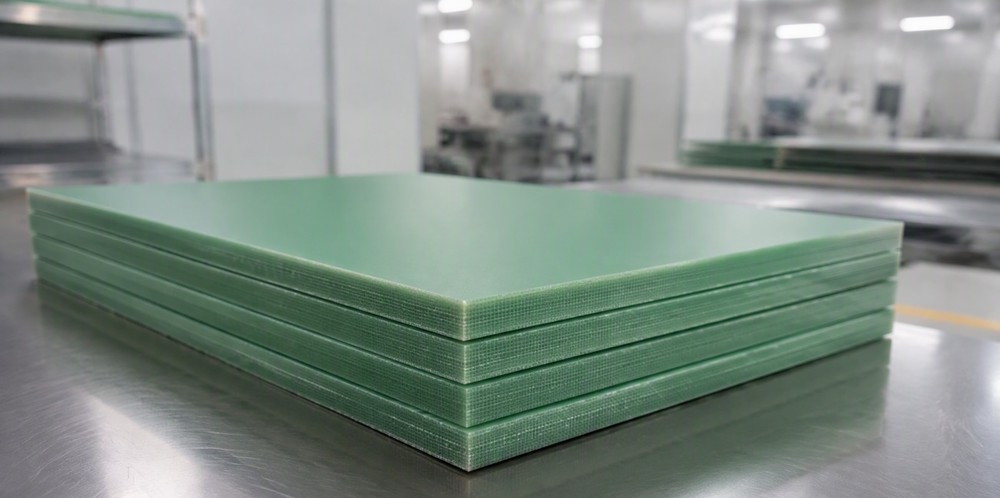 A stack of green epoxy glass laminate sheets in an electronics factory.