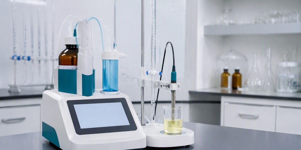 An automatic titrator with electrode and burette over a sample beaker in a laboratory.