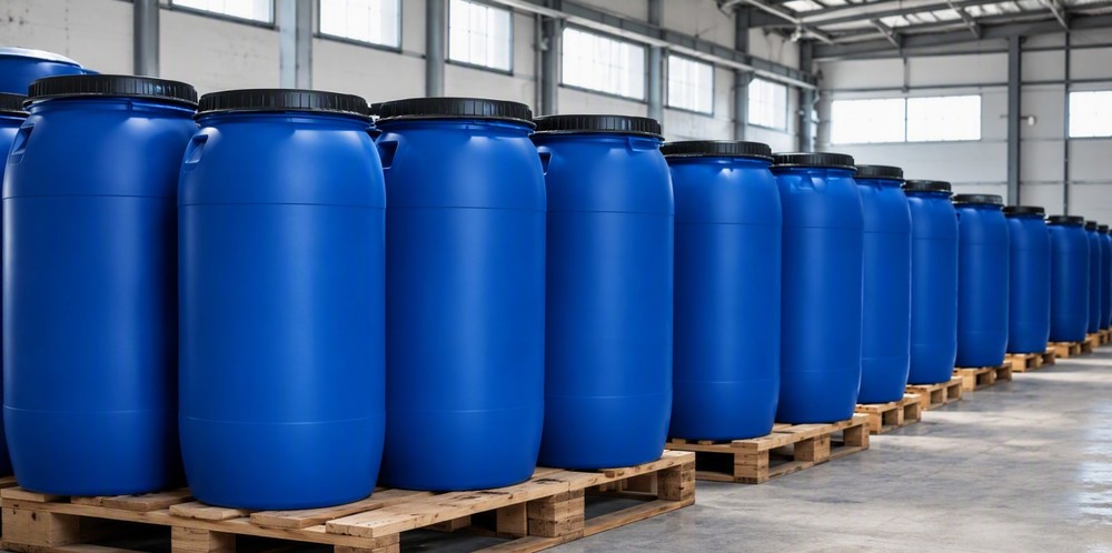 Blue HDPE tight-head drums on pallets in a chemical warehouse.