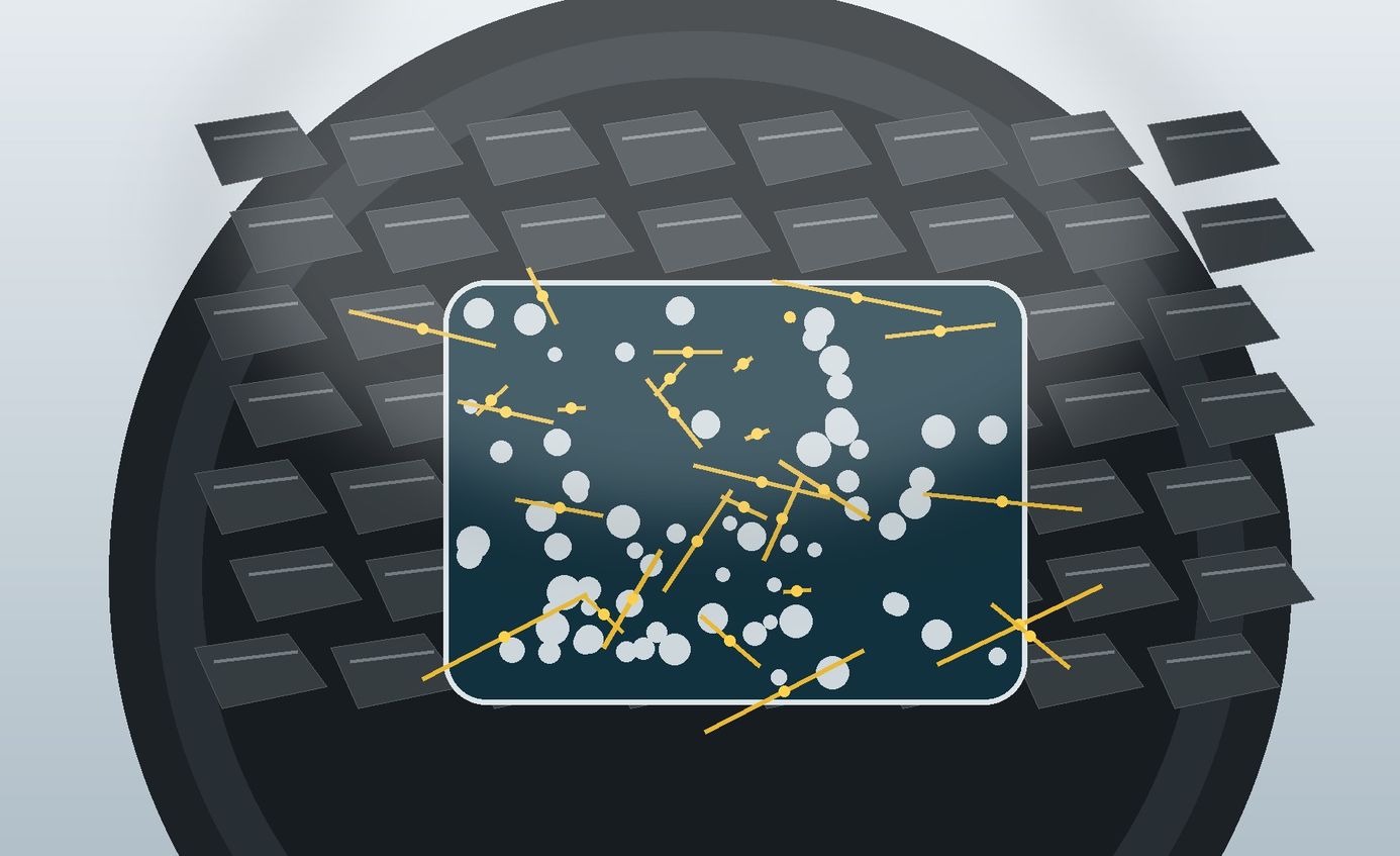 Close-up technical rendering of a tire tread with an internal silica-linked elastomer network.