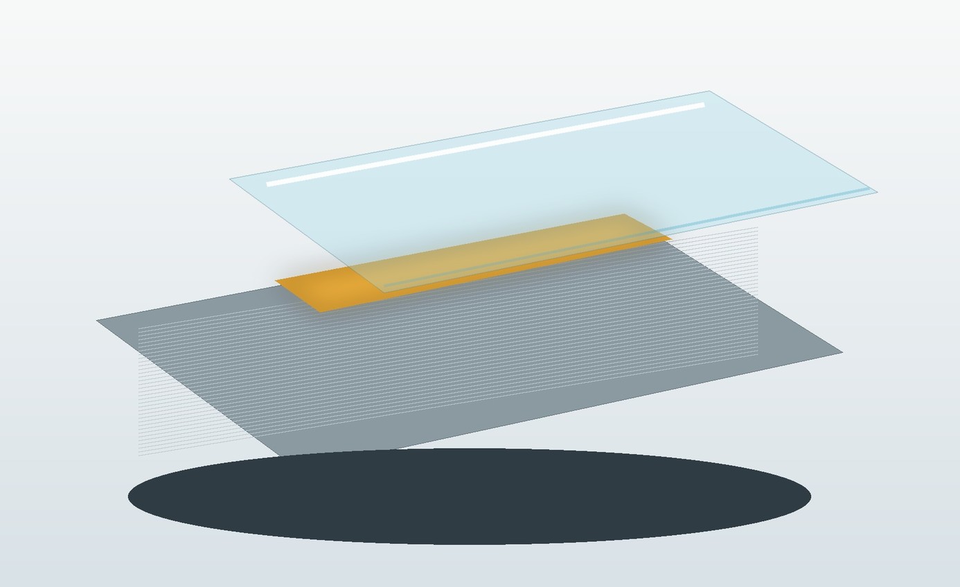 Overlapped glass and brushed metal panels joined by a thin amber interfacial bonding layer.