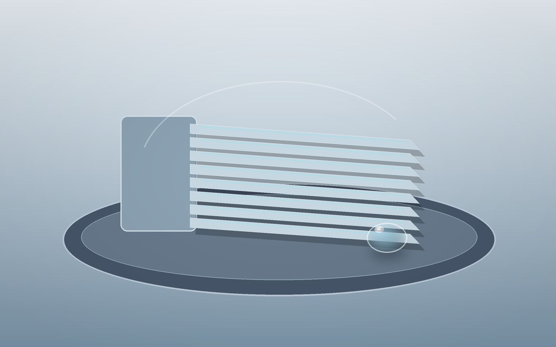Paallel silicon microcantilevers hover over a polished wafer with a subtle uniform surface treatment.