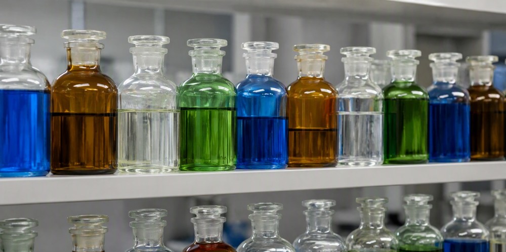 Rows of unlabeled glass bottles holding colorful liquids on a shelf.