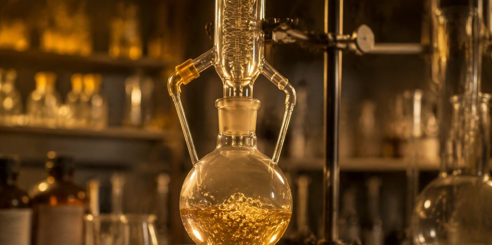 A glass flask of amber liquid boiling under a vertical condenser.