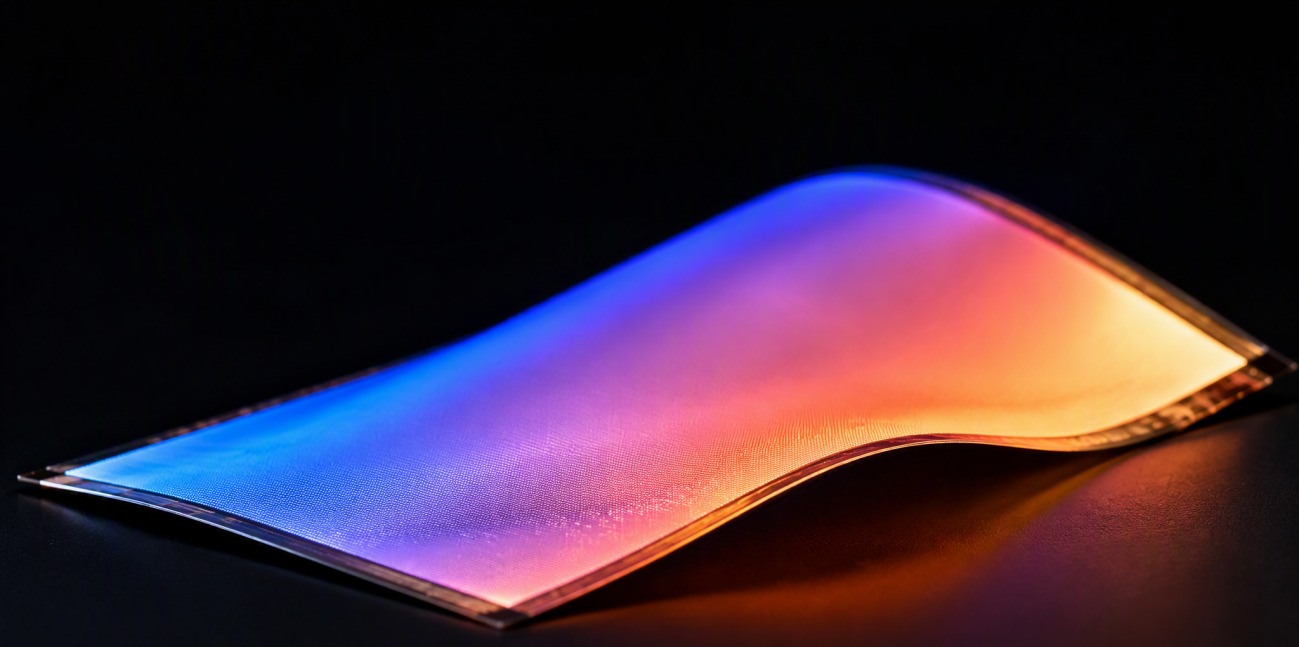 A thin bent panel glowing with a smooth colorful light gradient.
