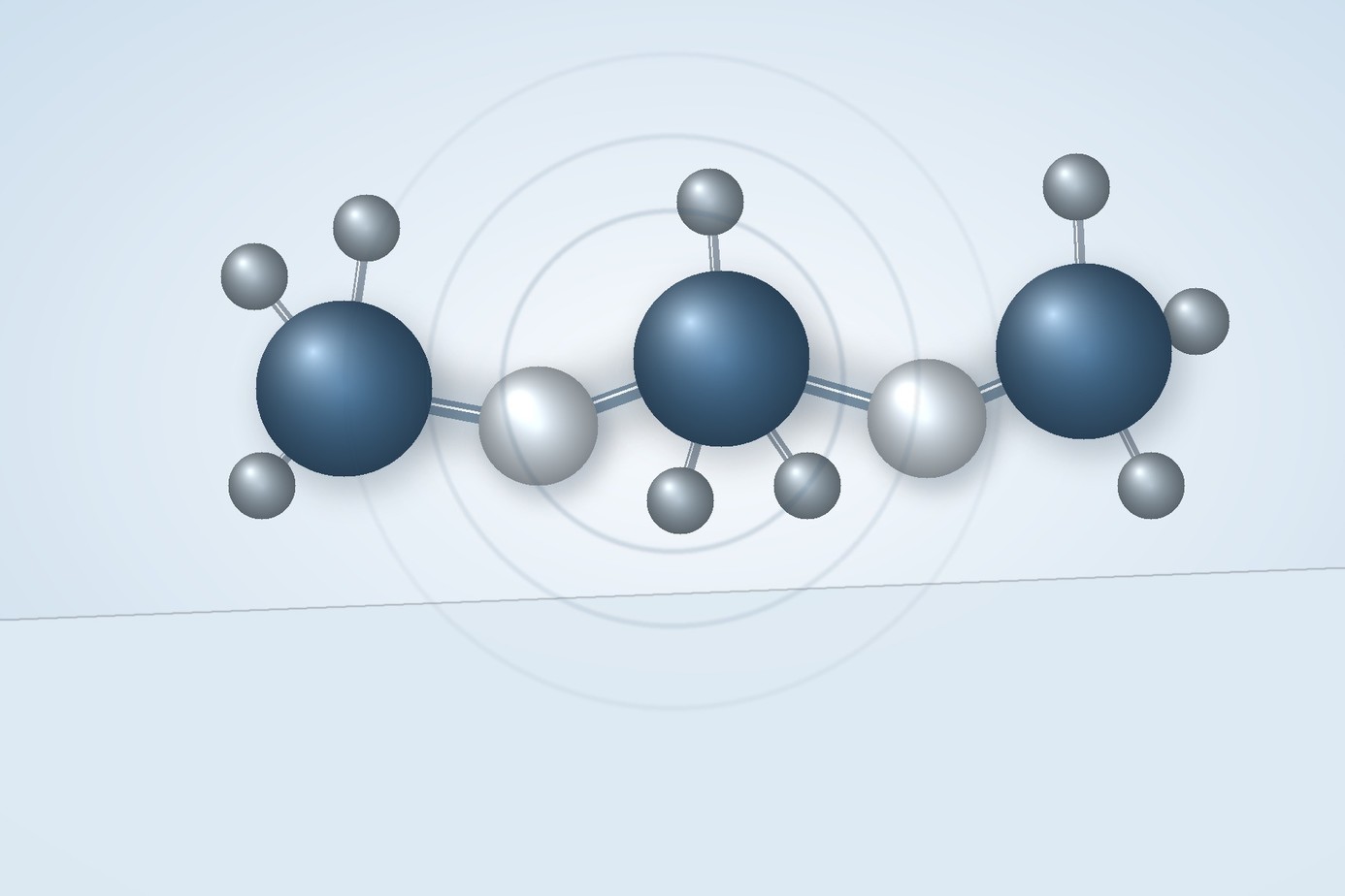Abstract 3D siloxane molecule with alternating silicon and oxygen nodes over a clean technical background.