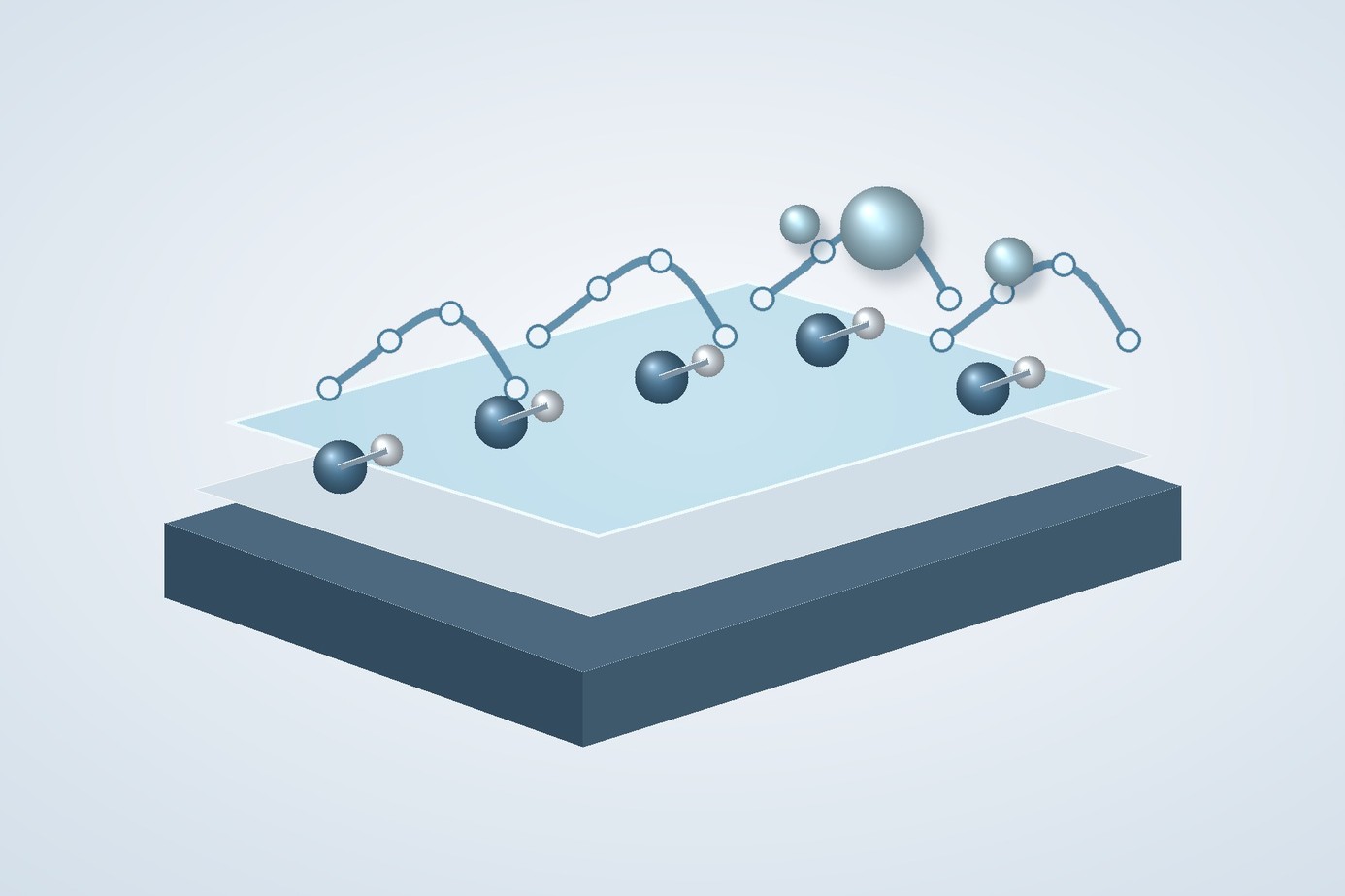 Layered ceramic surface with a transparent coating and molecular anchor motifs distributed across the interface.