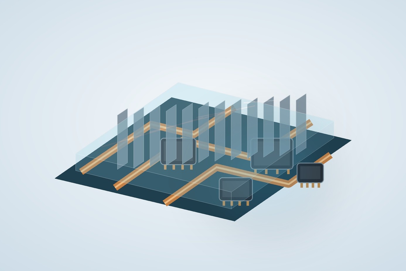 Power electronics board with copper traces and chips beneath a clear protective encapsulation layer and cooling fins.