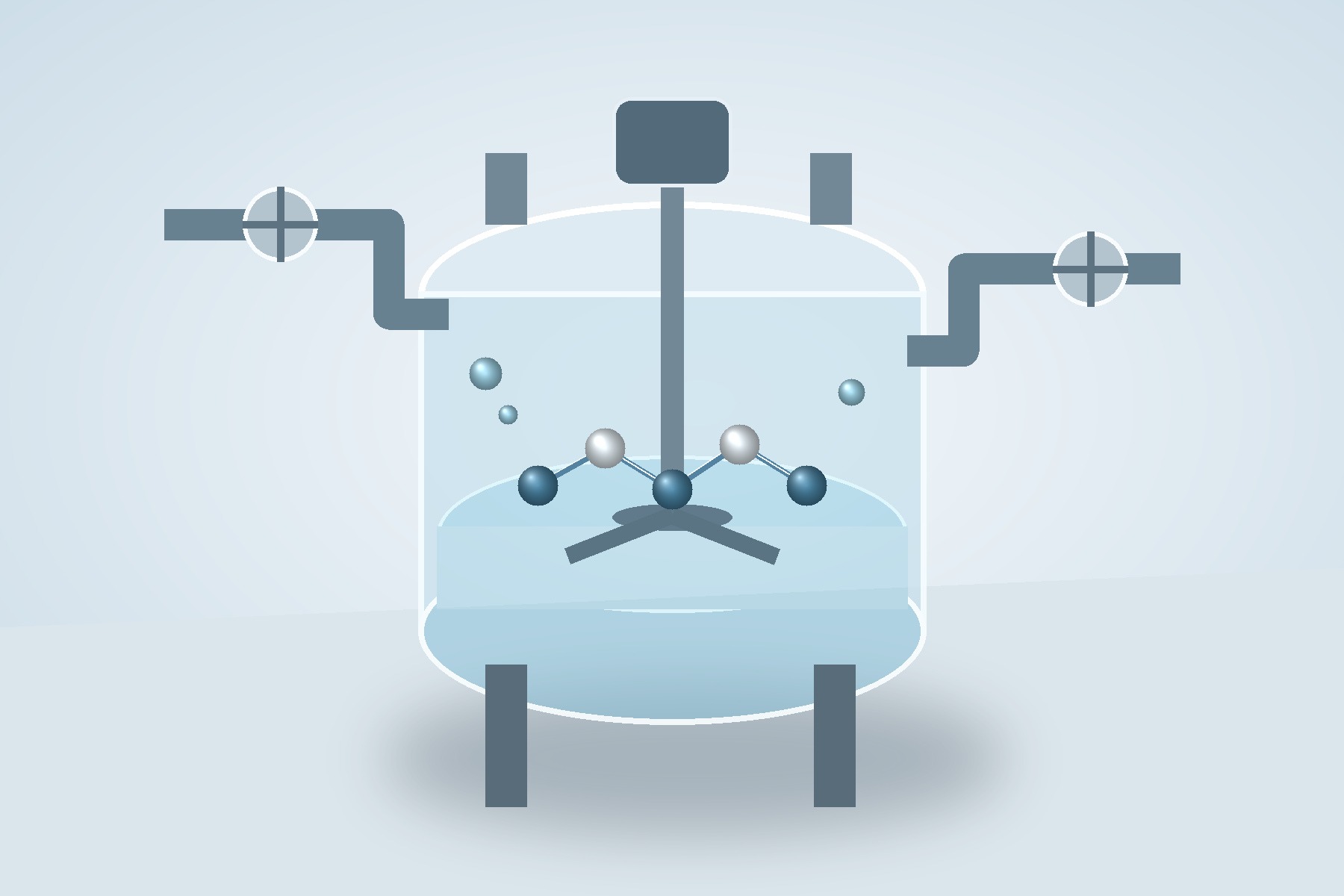 Closed synthesis reactor with a clear liquid phase, feed lines and simplified siloxane motifs inside the vessel.