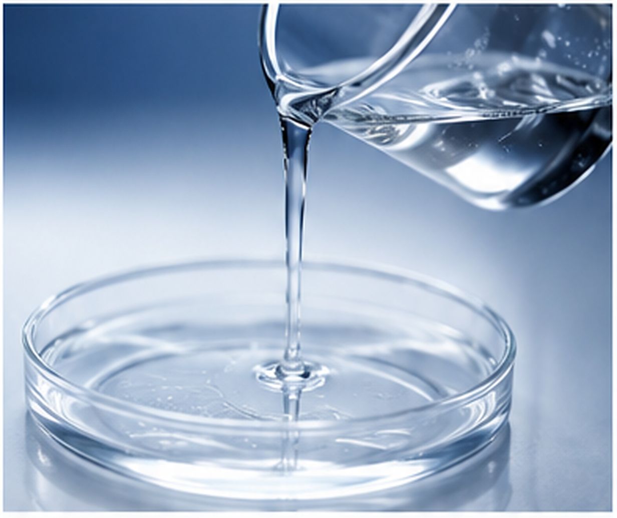 Transparent silicone intermediate pouring smoothly into a shallow glass vessel.