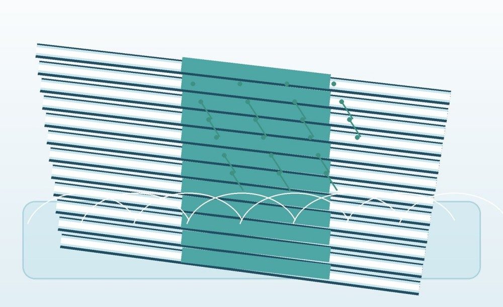Parallel glass fibers encased by a clear interfacial layer with nanoscale bridging features.