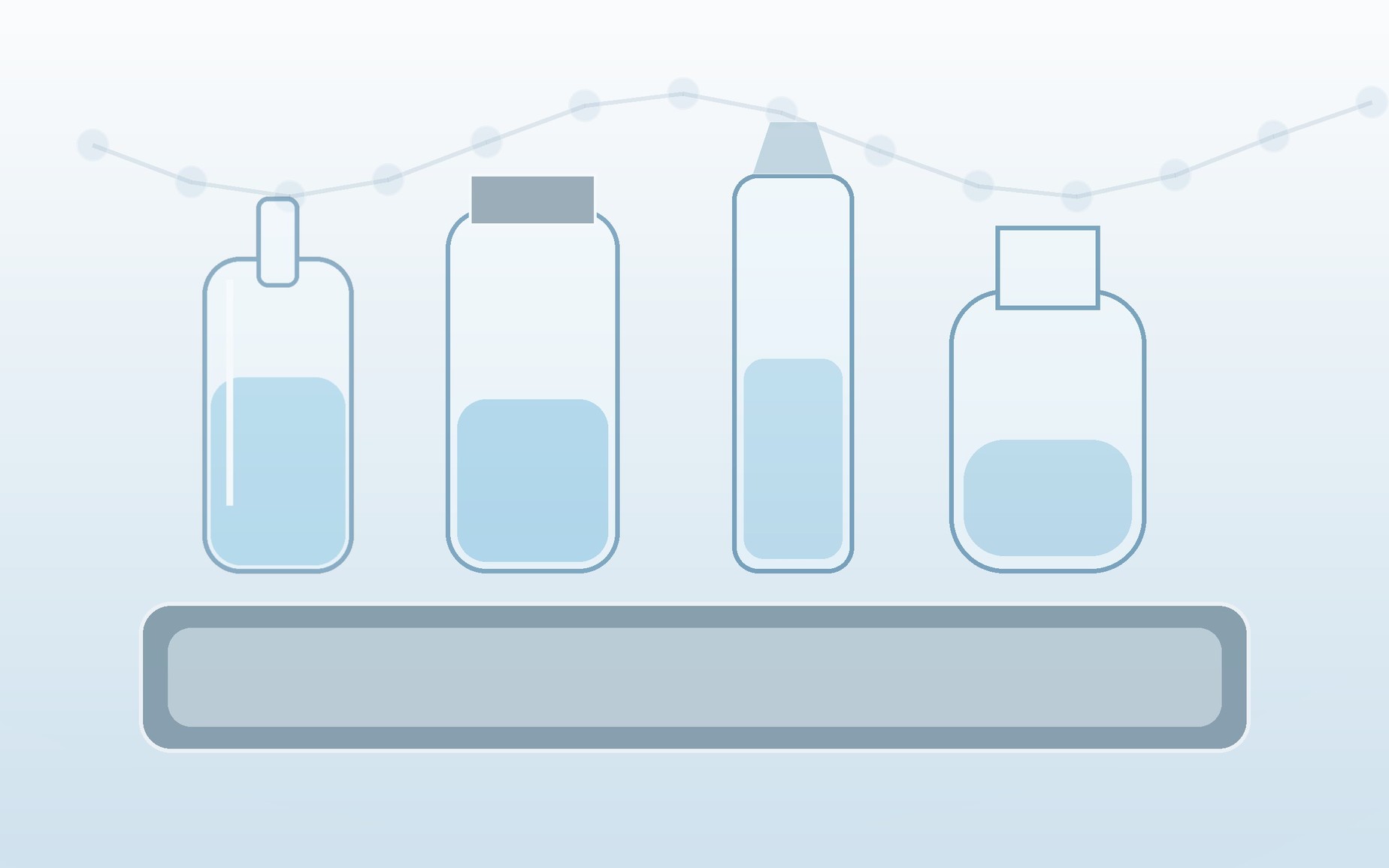 Four sealed vessels containing clear organosilicon materials arranged on a precision laboratory rack.