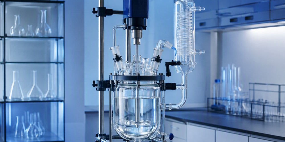 A jacketed glass reactor with clear liquid under a laboratory condenser.