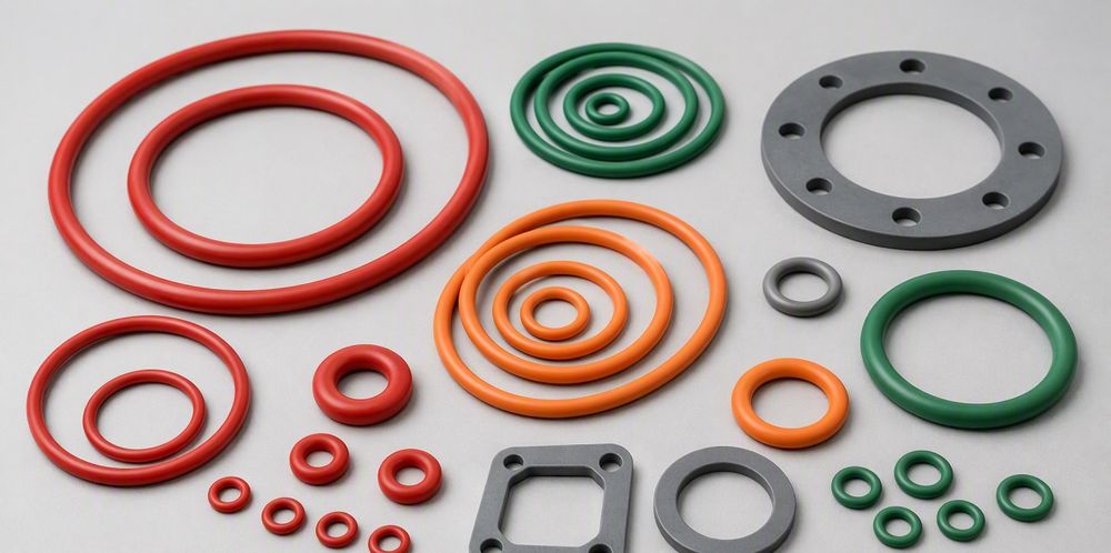 Colorful rubber O-rings and flat gaskets arranged on a light surface.