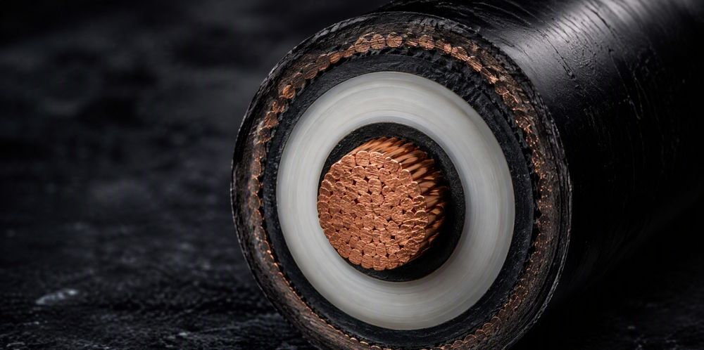 The cut end of a power cable showing copper core and insulation layers.
