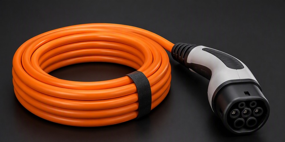 A coiled orange charging cable beside a modern connector plug.