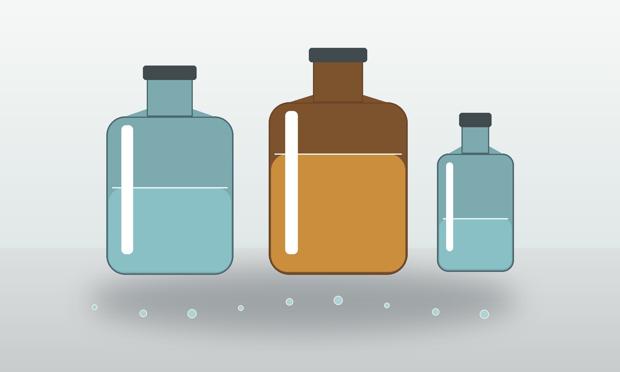 Clear and amber organosilane liquids in unlabelled glass containers on a clean laboratory surface.