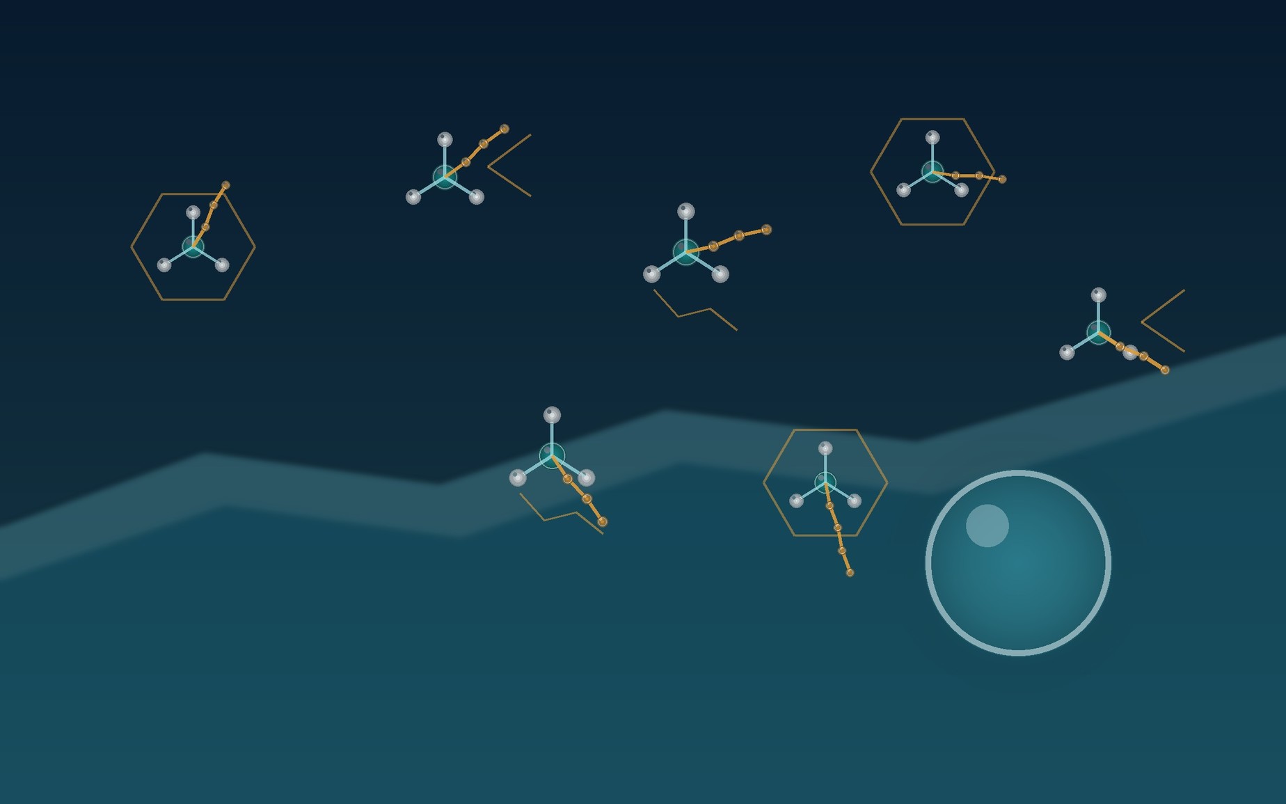 Varied organosilane functional groups dispersed through a clear hybrid resin film with a water droplet at the surface.