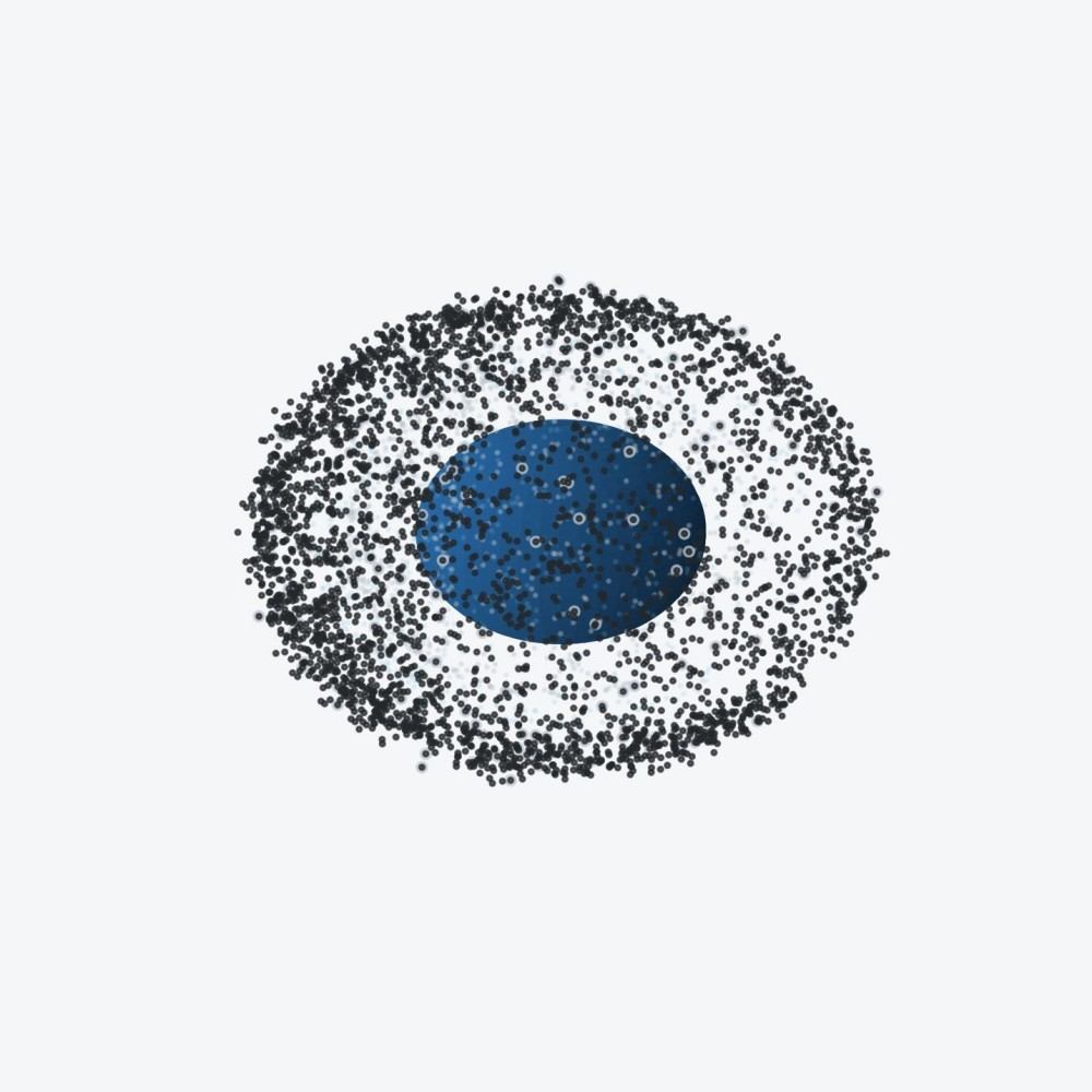 Thee-dimensional cutaway showing a silicon nanoparticle isolated inside a porous carbon shell with internal void space.