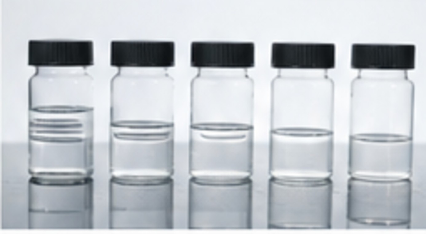 Row of clear laboratory sample vials representing multiple general-purpose PDMS viscosity grades.