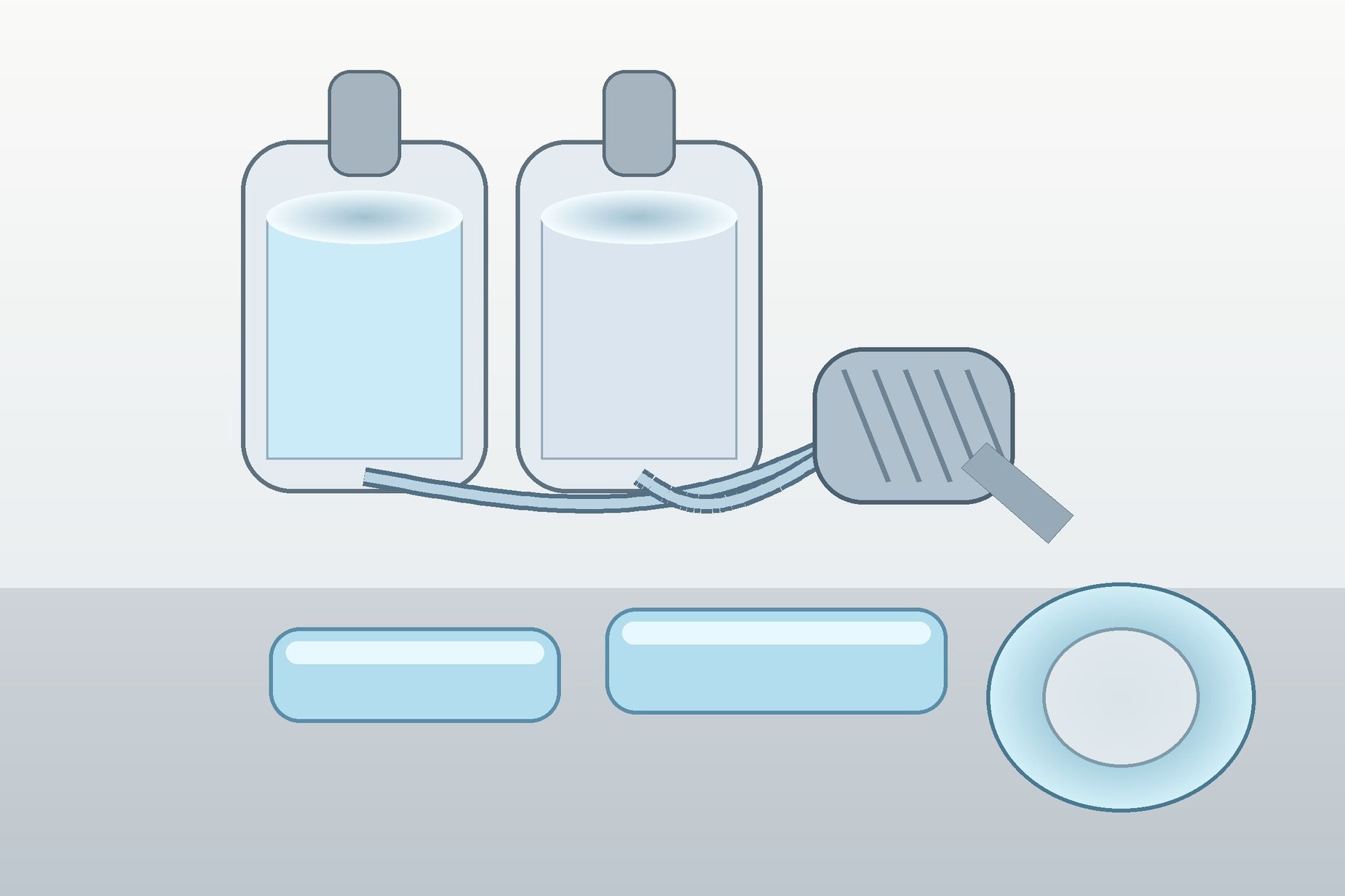 Clear silicone elastomer specimens and unmixed fluid components arranged on a clean technical surface.