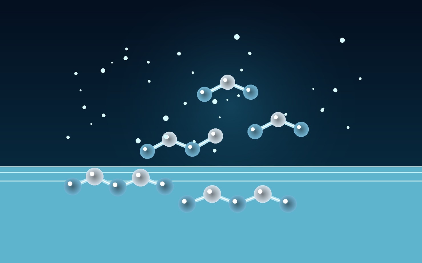 Molecular-scale rendering of short linear siloxane oligomers above a clear liquid-vapor interface.