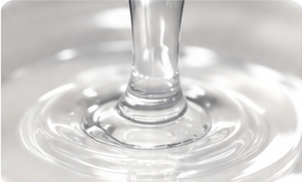 Transparent silicone fluid forms concentric ripples during a controlled pour into a clear vessel.