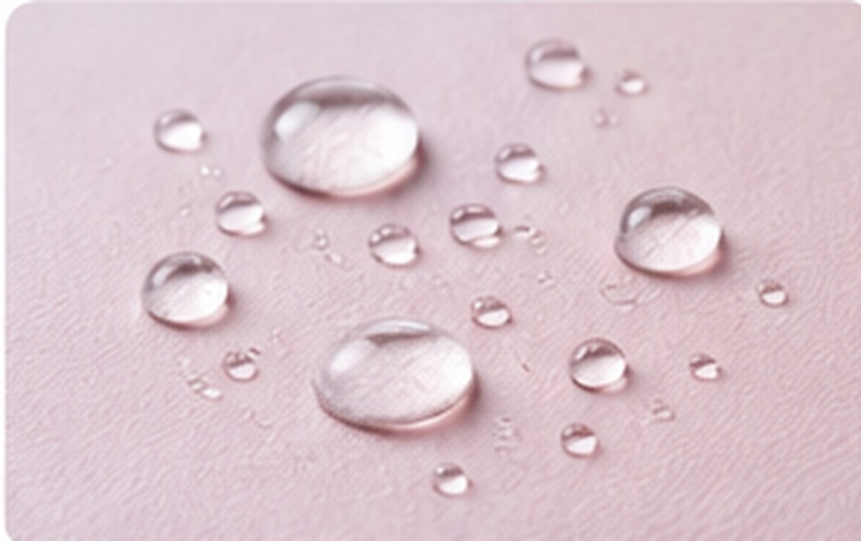Clear rounded liquid droplets are distributed across a pale textured surface in a macro view.