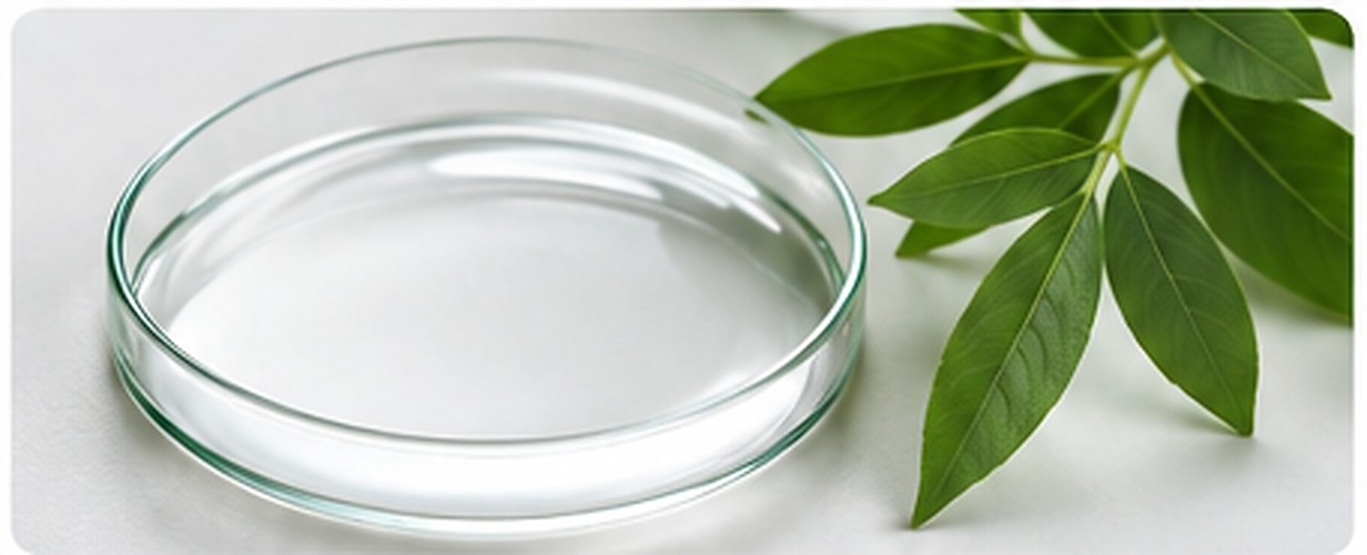 A shallow glass dish contains a clear silicone-fluid sample beside fresh green leaves.