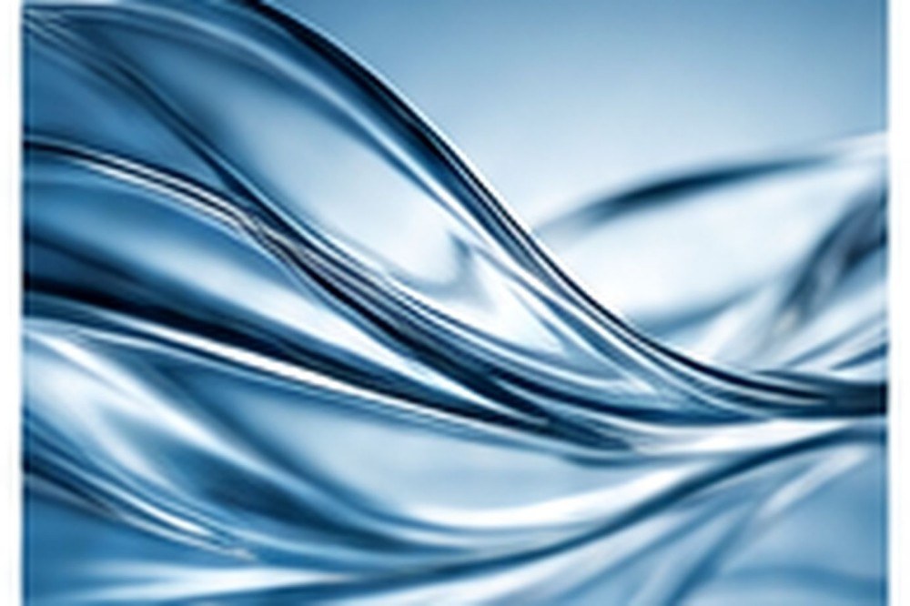 Blue-silver transparent fluid ribbons overlap in smooth layered waves across a clean background.