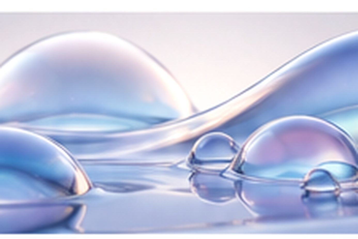 Rounded iridescent liquid domains rise from a smooth reflective fluid surface.