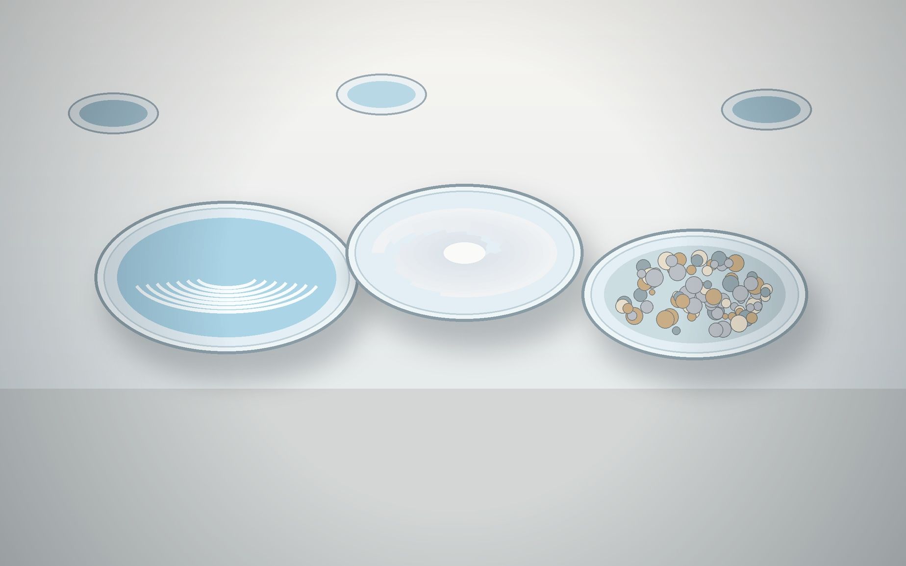 Laboratory formulation palette with clear silicone fluid, translucent gel and fine mineral pigments in glass dishes.