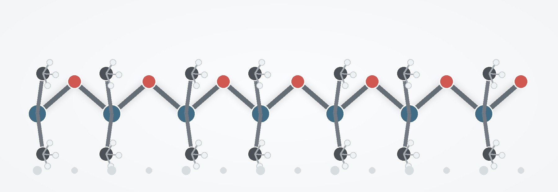 Wide molecular schematic of an alternating polysiloxane backbone with organic side groups.