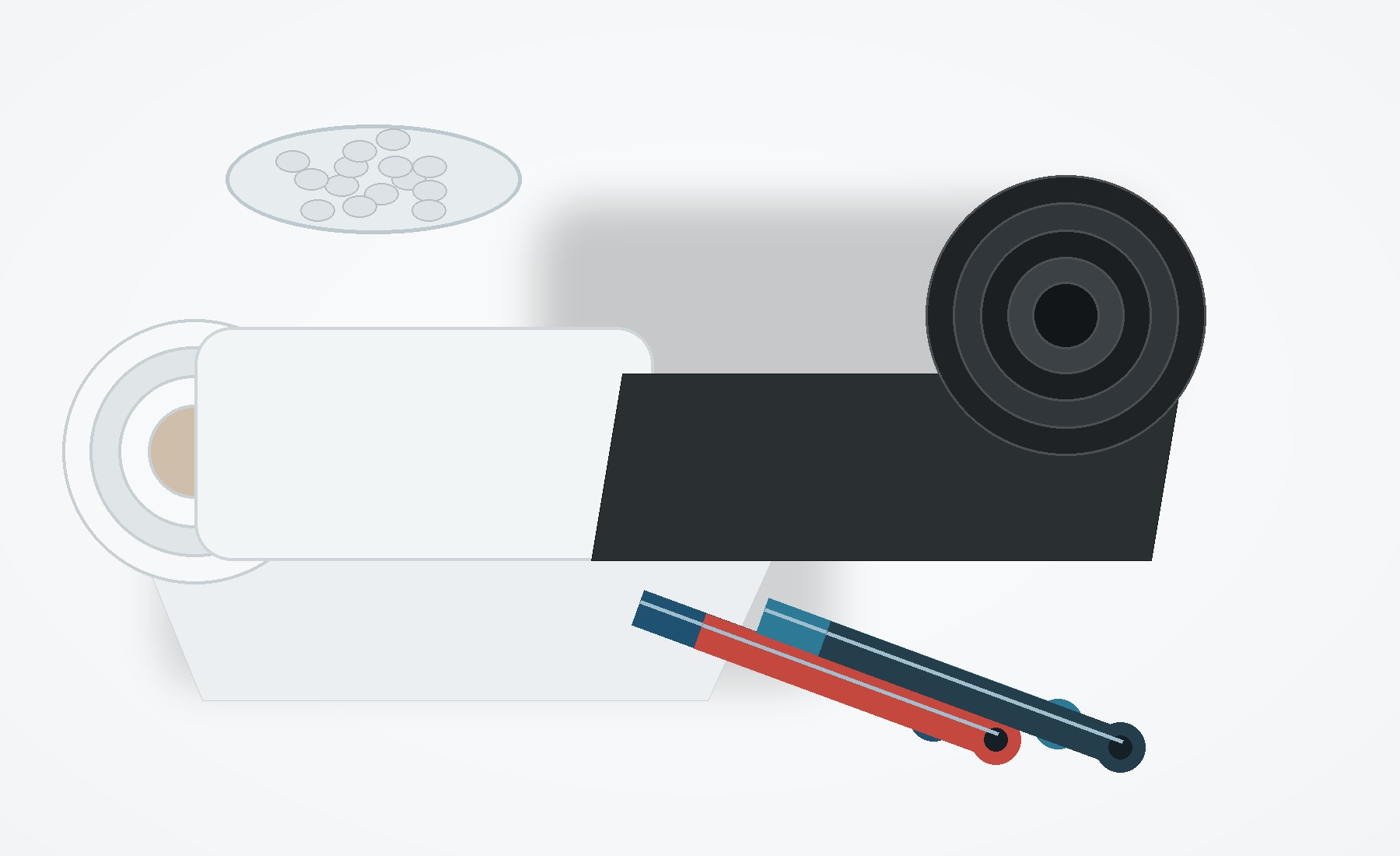 Technical illustration of white and black silicone rubber rolls with colored tubing representing HCR and HTV end products.